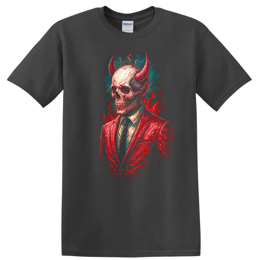 Horned skull in red suit, vintage gothic illustration with teal and red splashes on a Charcoal T Shirt