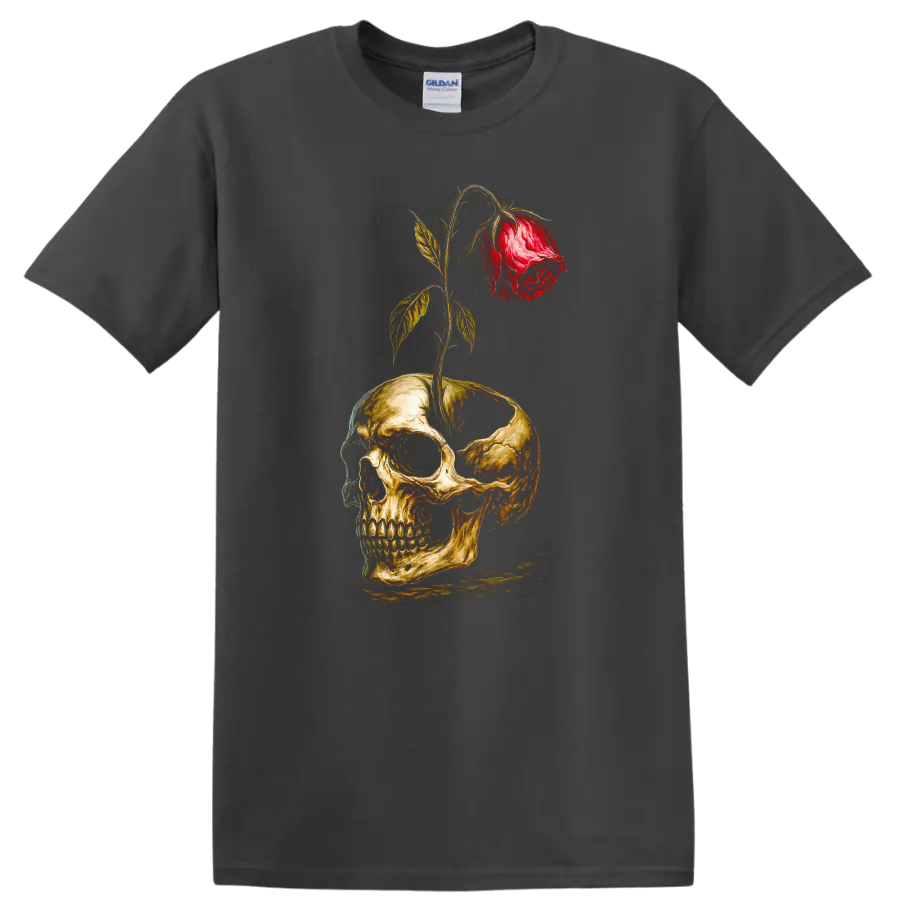 Vintage gothic skull graphic with a red rose growing through the top on a Charcoal T Shirt
