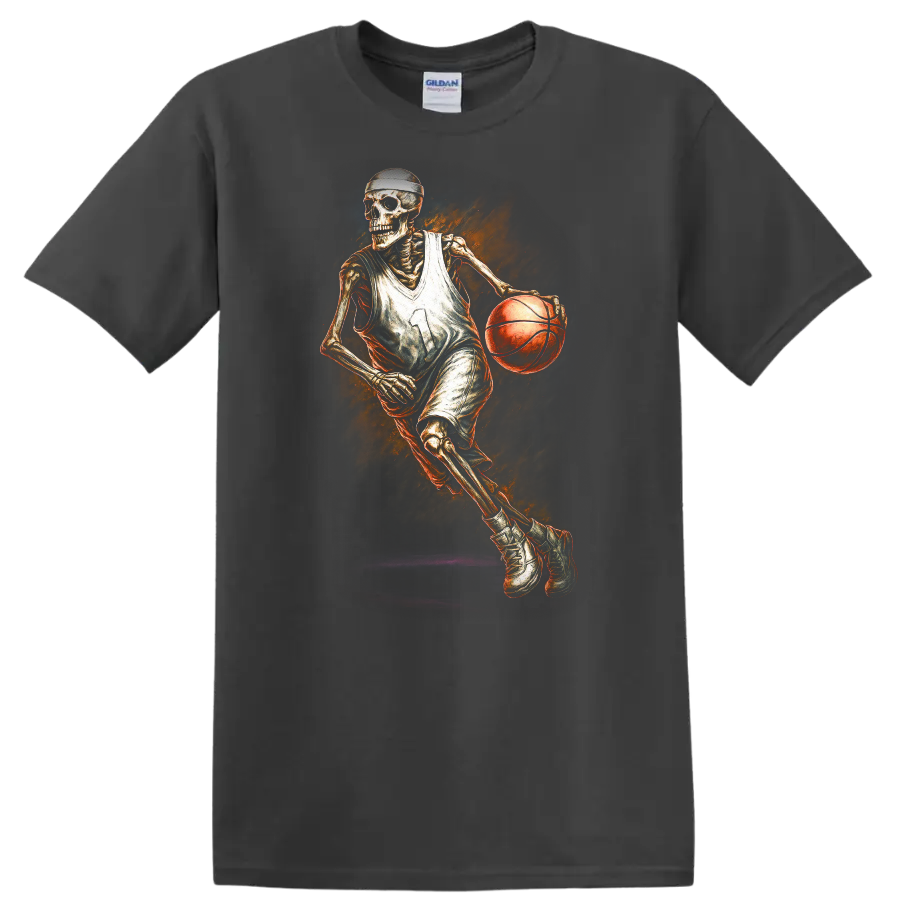 Vintage gothic skeleton basketball player dribbling with fiery orange artwork on a Charcoal T Shirt