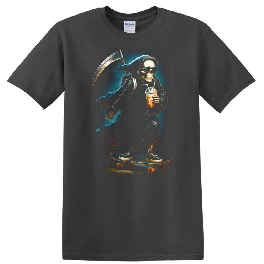 Vintage gothic Grim Reaper skeleton in sunglasses skating with a scythe and iced drink on a Charcoal T Shirt