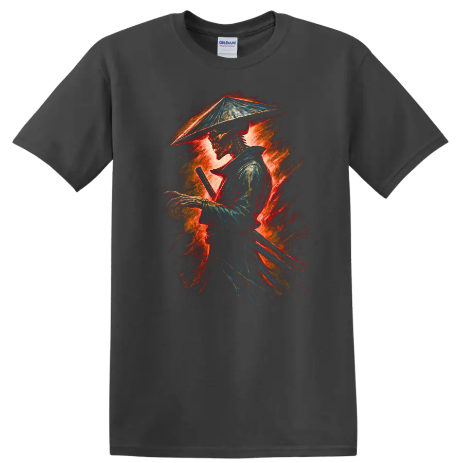 Fiery vintage-style skeleton samurai swordsman graphic in a conical hat on a Charcoal T Shirt