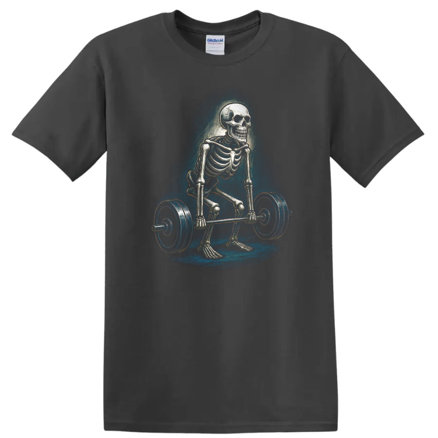 Vintage gothic skeleton performing a barbell deadlift graphic on a Charcoal T Shirt