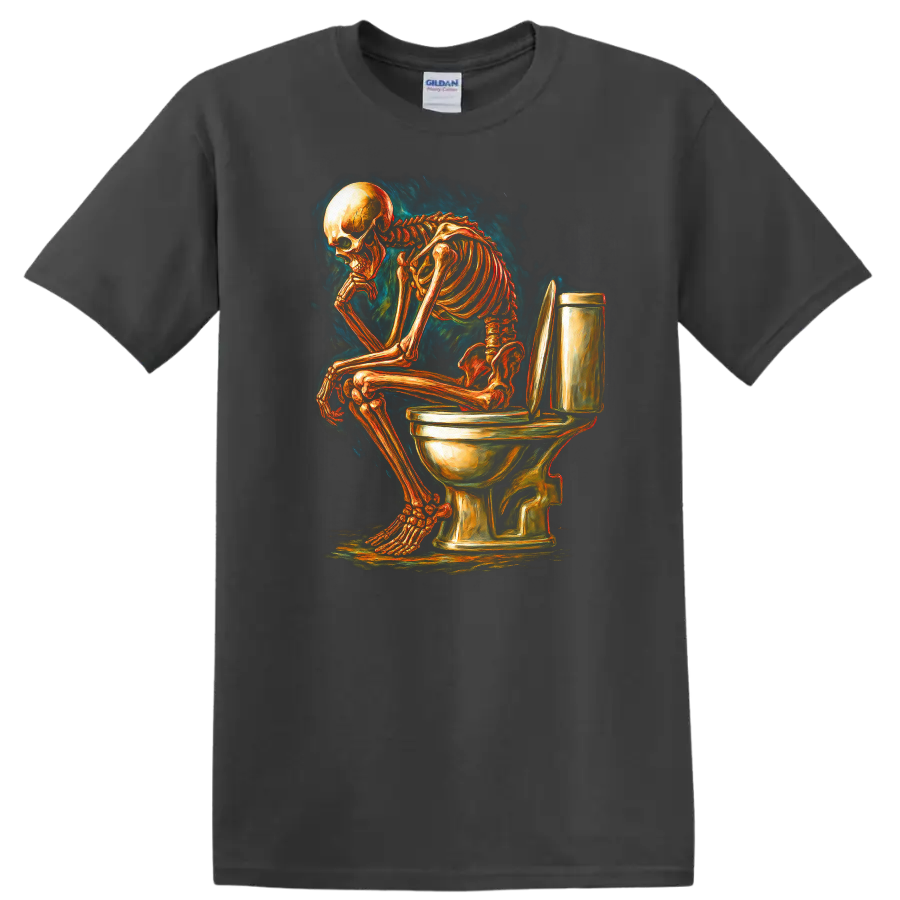 Vintage gothic skeleton sitting on a toilet in detailed dark humor artwork on a Charcoal T Shirt