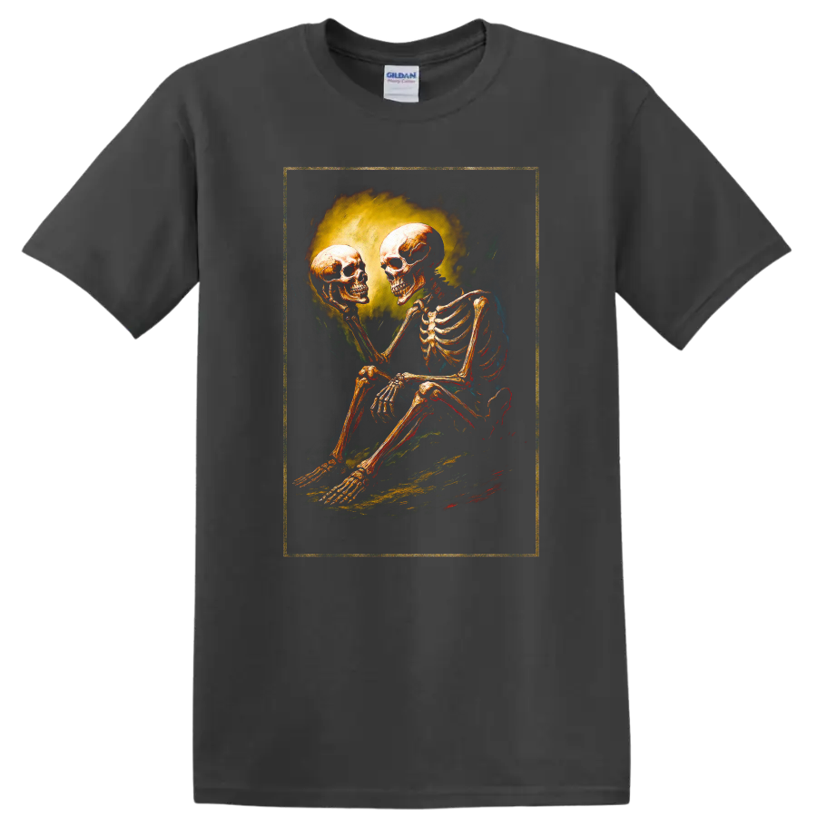 Vintage gothic skeleton holding a skull in a moody dark art illustration on a Charcoal T Shirt