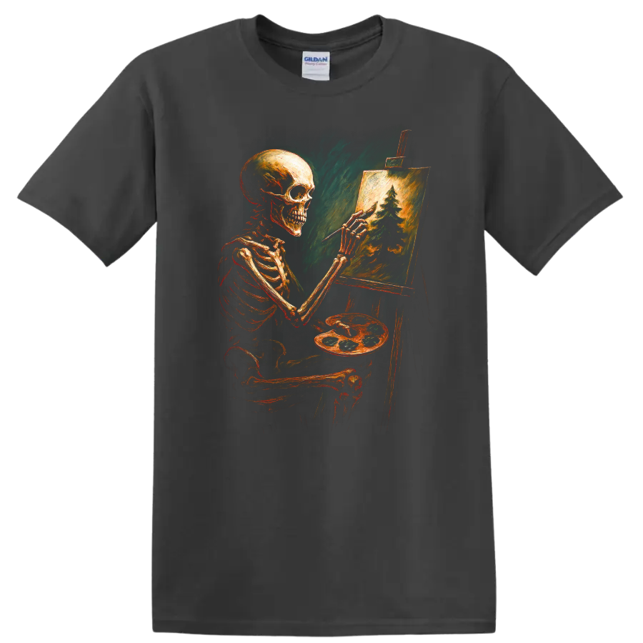 Vintage gothic skeleton artist painting an evergreen forest on an easel on a Charcoal T Shirt