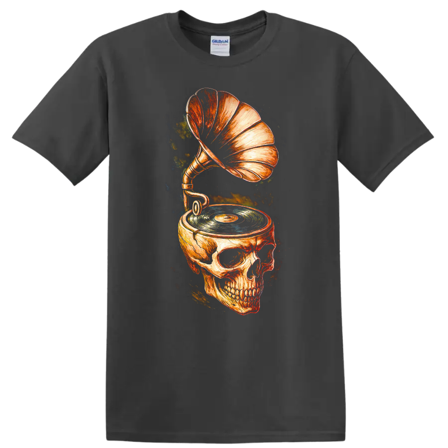 Vintage skull gramophone and turntable graphic with vinyl record on a Charcoal T Shirt