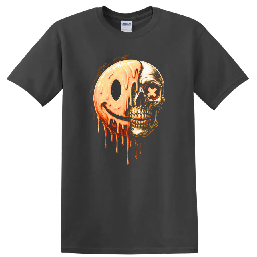 Vintage gothic skull with a melting orange smiley face and X eye graphic on a Charcoal T Shirt