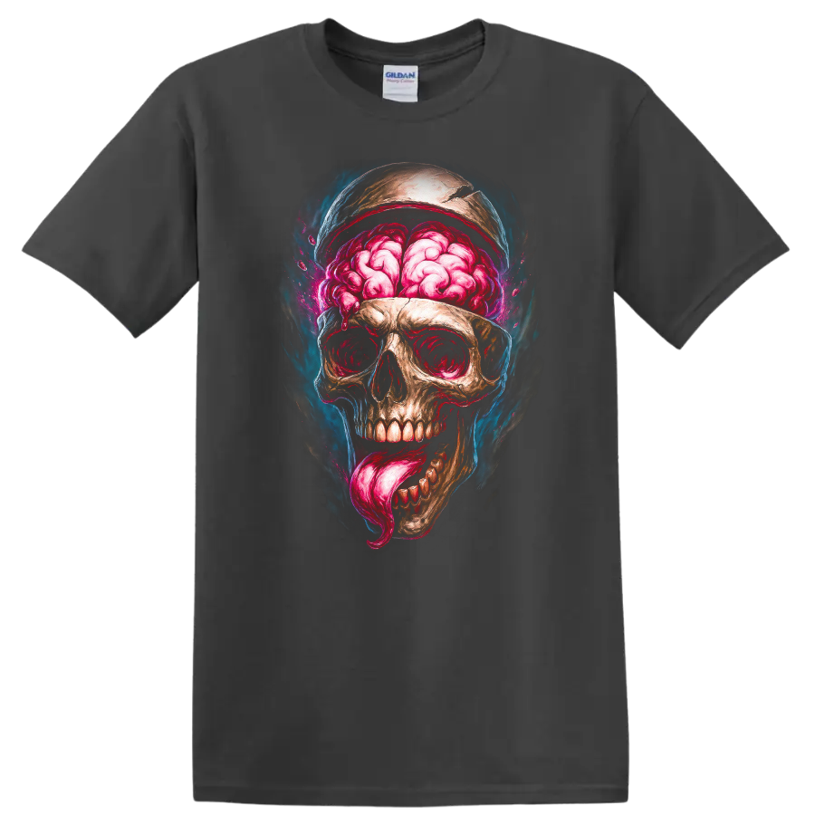 Exposed brain skull with pink tongue in vivid gothic horror illustration on a Charcoal T Shirt
