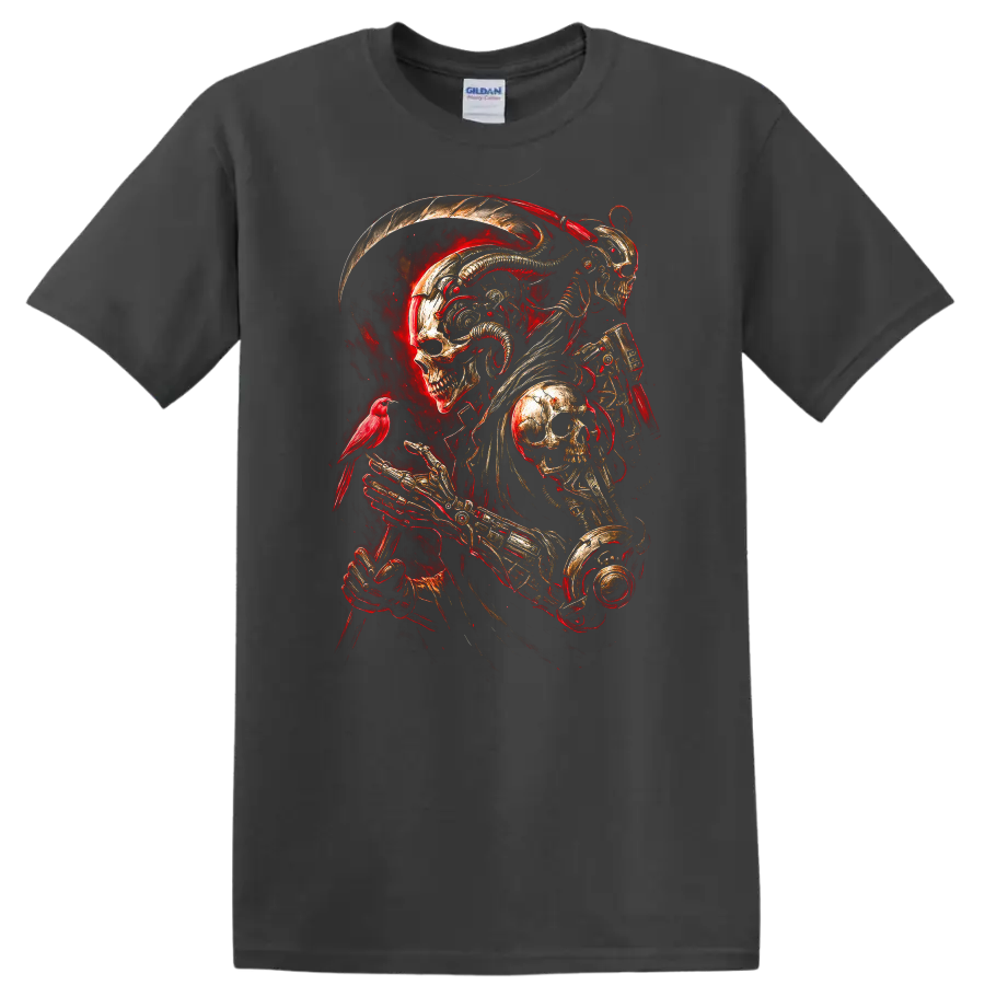 Mechanical skeleton reaper with skull armor, red bird, and fiery gothic art on a Charcoal T Shirt