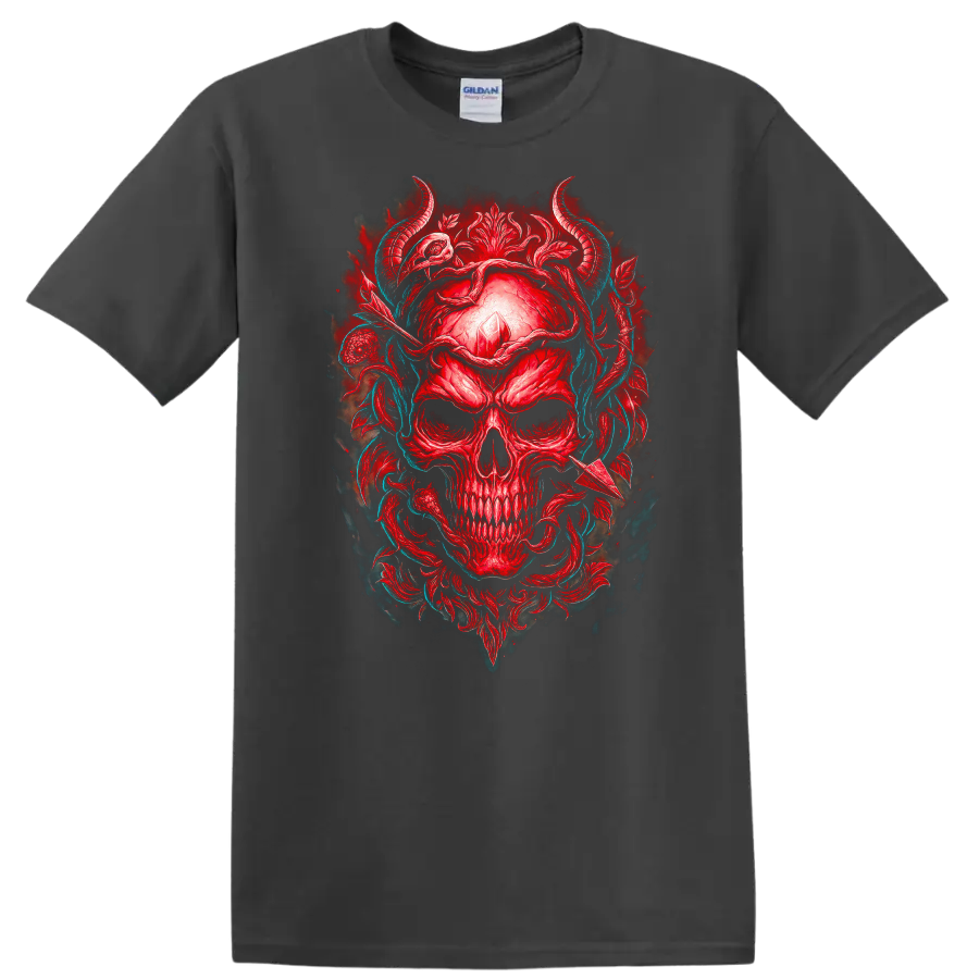 Red horned skull with crystal, gothic floral ornament, and teal vines on a Charcoal T Shirt
