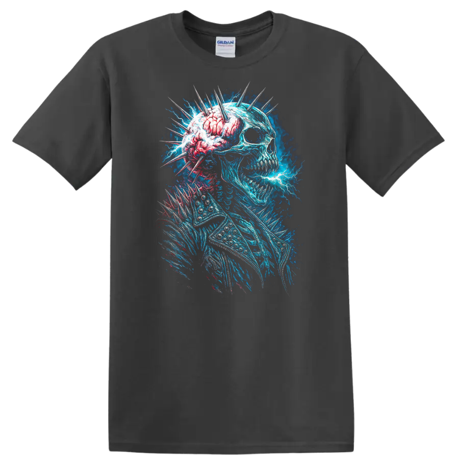 Electric blue skull with exposed brain, spikes, and gothic horror energy art on a Charcoal T Shirt