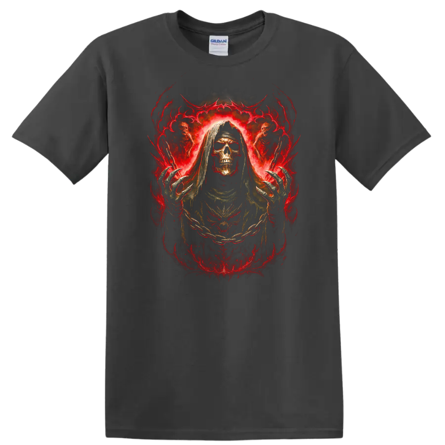 Hooded skull Grim Reaper in fiery red gothic horror artwork on a Charcoal T Shirt