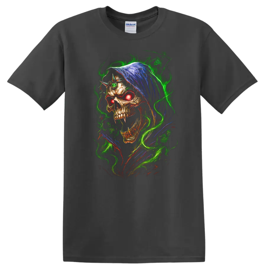 Hooded skull with glowing red eye and neon green flames in gothic horror art on a Charcoal T Shirt