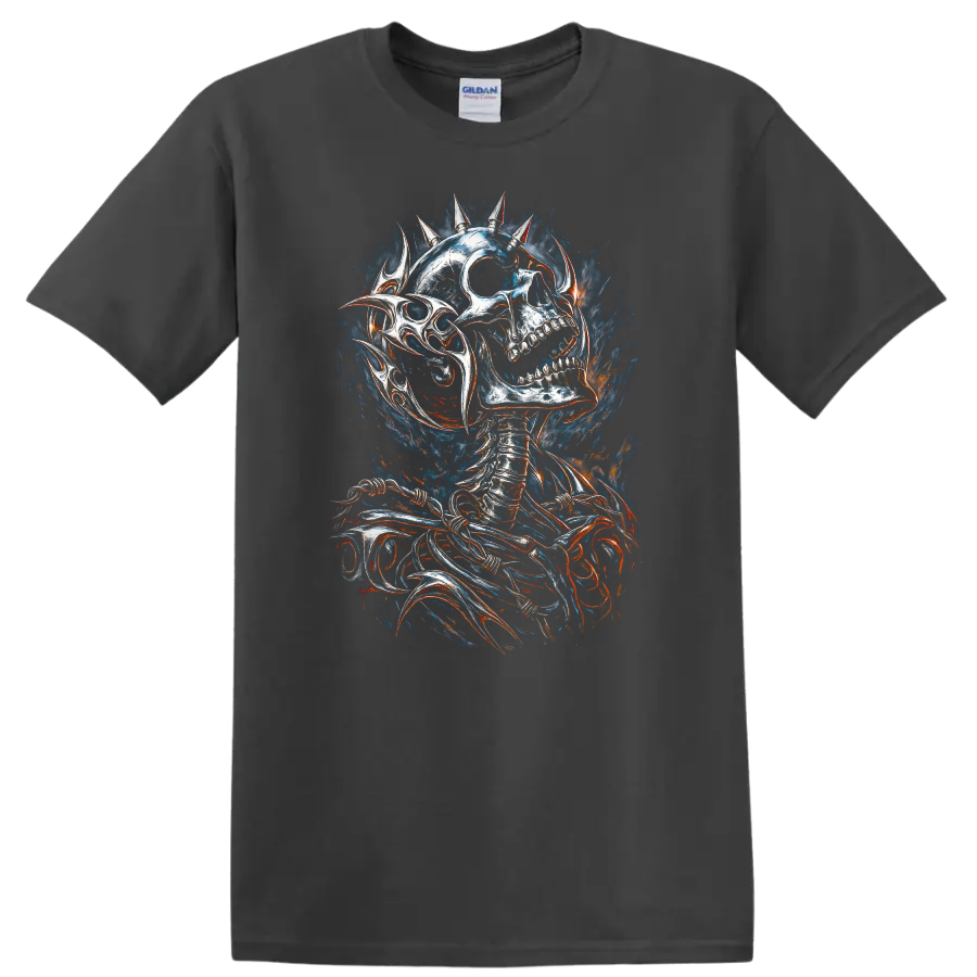 Spiked skeleton skull in distressed gothic horror art with smoky fiery accents on a Charcoal T Shirt