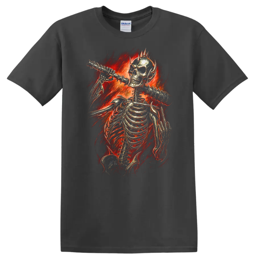 Vintage gothic skeleton playing flute amid fiery red flames on a Charcoal T Shirt
