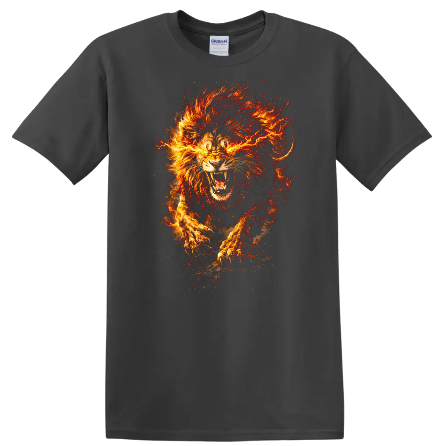 Fiery Lion Head Art T Shirt Roaring Flame Animal Graphic - Charcoal