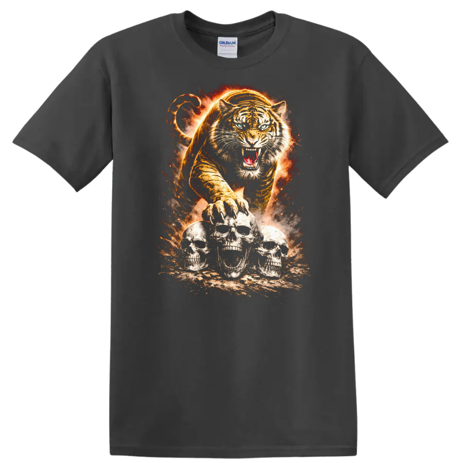 Roaring Tiger and Skull Trio Fierce Animal Graphic T Shirt - Charcoal