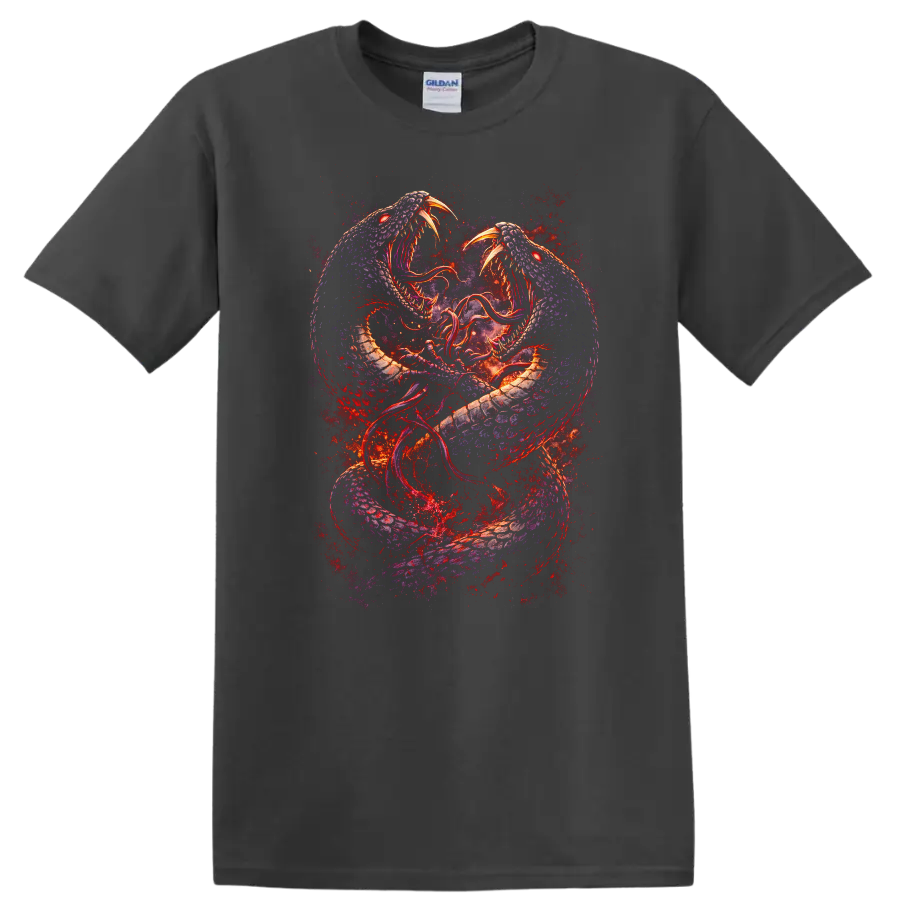 Twin Serpent Dragon Clash Fantasy Art T Shirt for Animal Lovers - Charcoal
