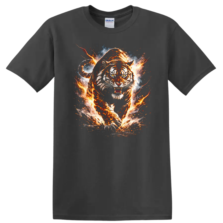 Fiery Tiger Attack Graphic T Shirt Bold Animal Wild Style - Charcoal