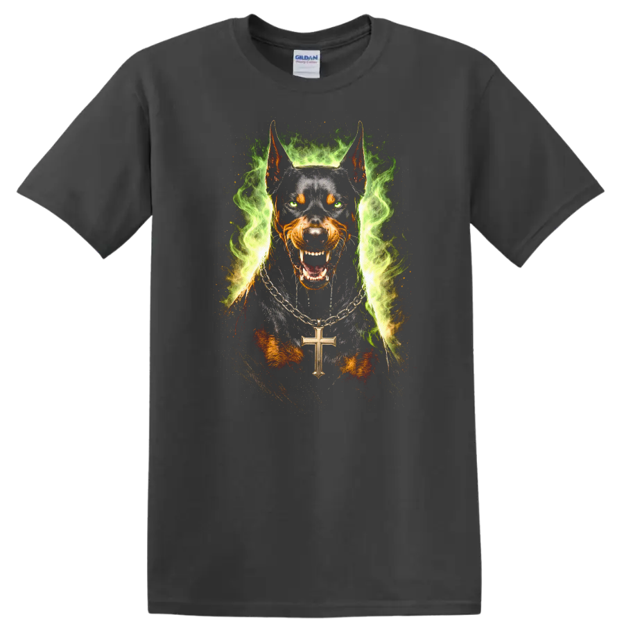 Wild Doberman Dog Portrait Flame Ring T Shirt for Animal Lovers - Charcoal