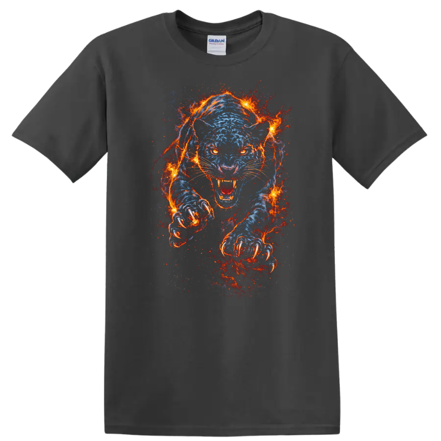 Blue Flaming Panther Attack T Shirt Fierce Fire Animal Graphic - Charcoal