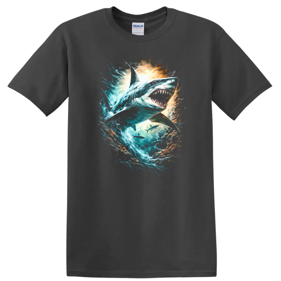 Great White Shark Splash Art Ocean Predator T Shirt - Charcoal