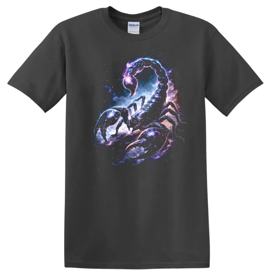 Cosmic Scorpion Galaxy Art T Shirt Neon Space Animal Graphic - Charcoal