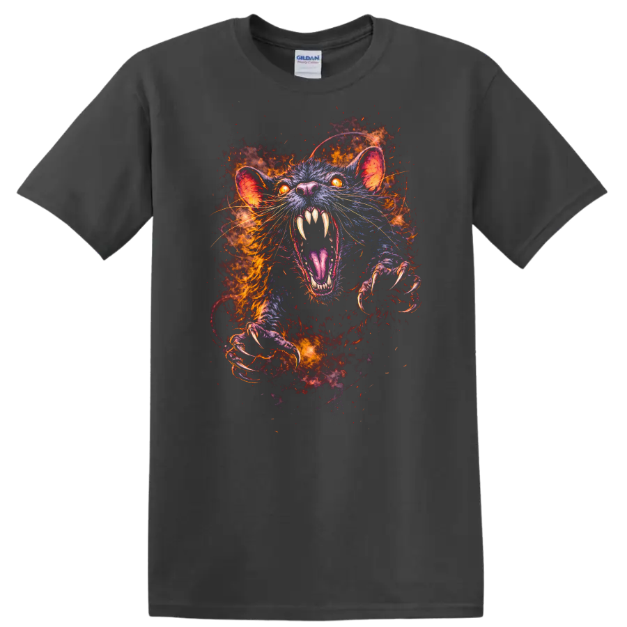 Fiery Glowing Rat Attack T Shirt Vivid Animal Rage Graphic Tee - Charcoal
