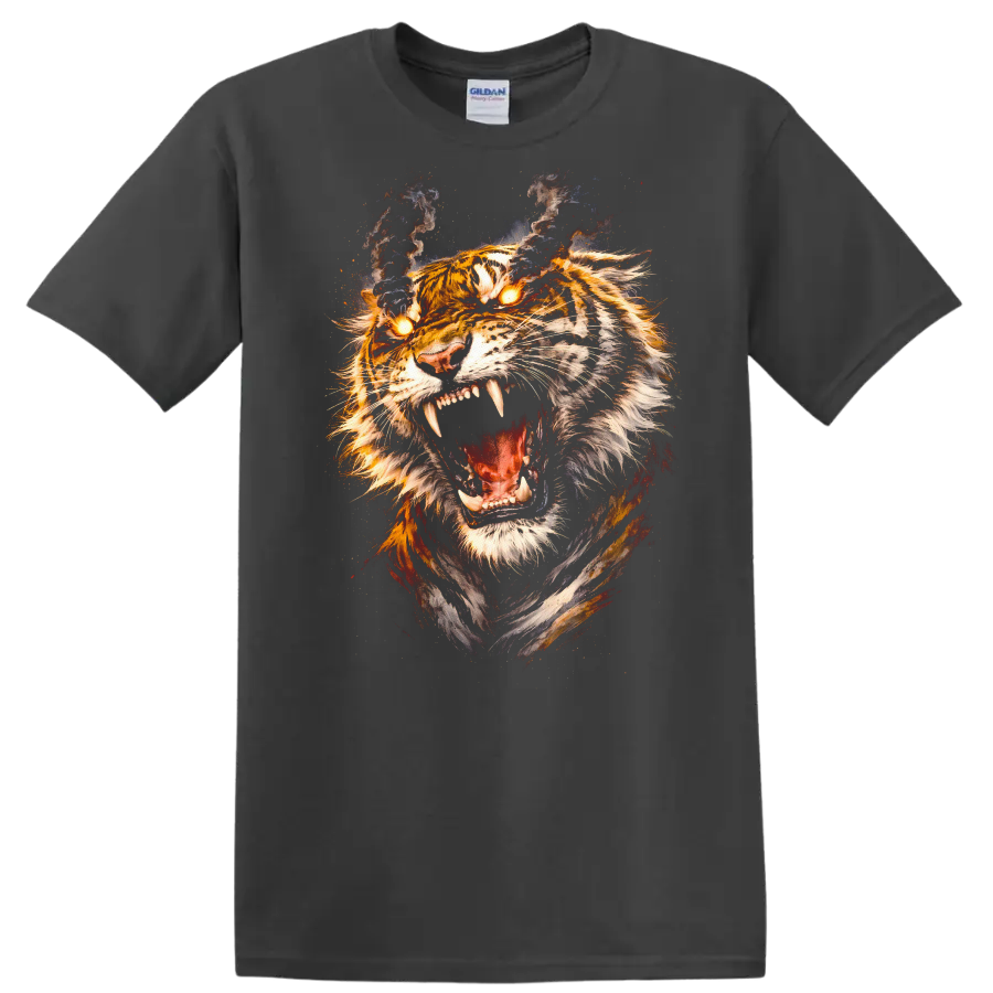 Roaring Tiger Fire Eyes Fierce Animal Art T Shirt - Charcoal