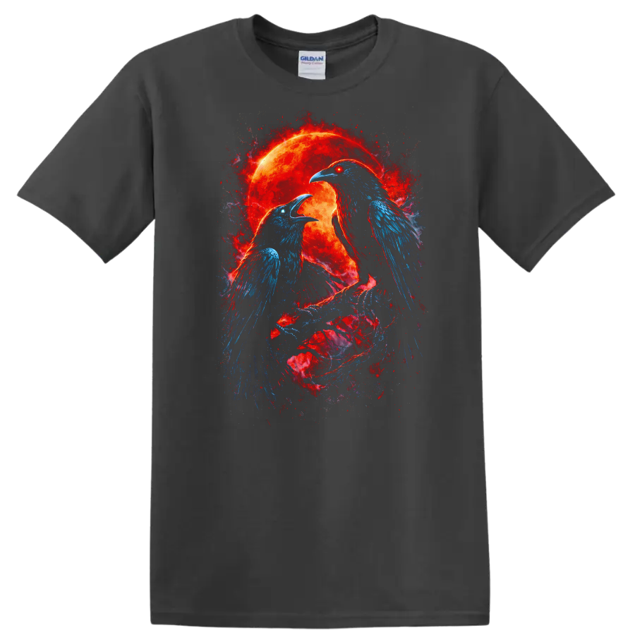 Fiery Raven Birds Eclipse Moon Graphic T Shirt Animal Energy Design - Charcoal