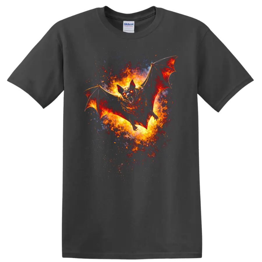 Fiery Bat in Flight Animal Art T Shirt for Fantasy Fans - Charcoal