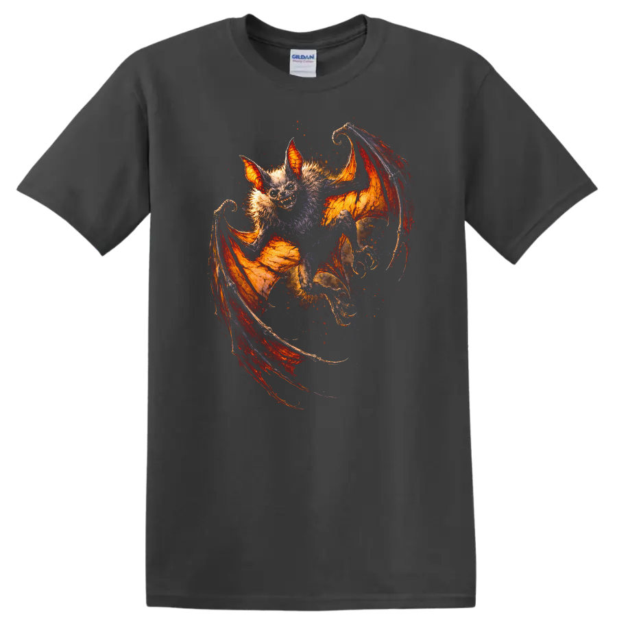 Fiery Winged Bat Animal Art T Shirt - Charcoal