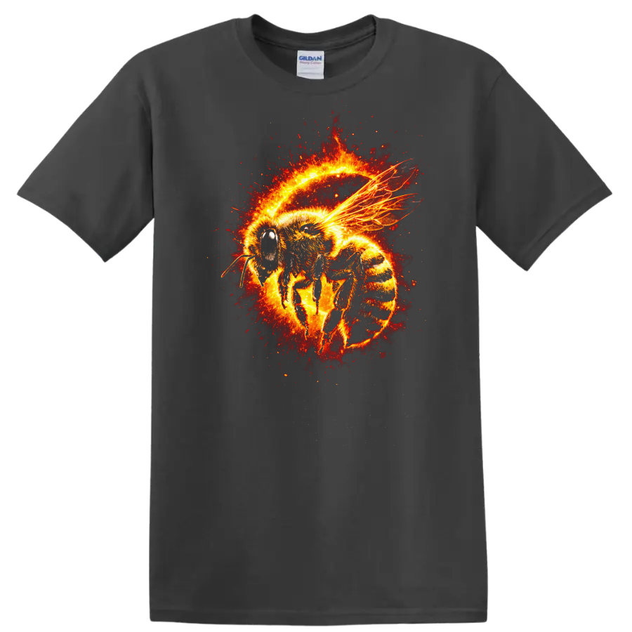 Fiery Bee Splash Art Animals T Shirt Vibrant Glow Graphic - Charcoal