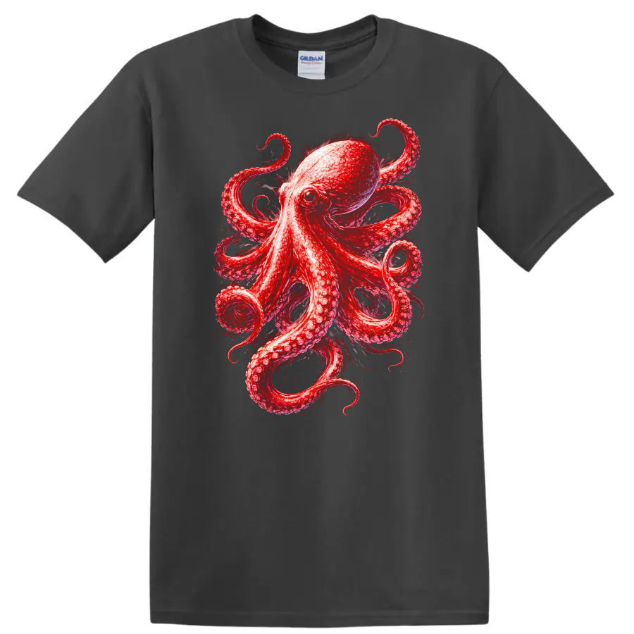 Red Octopus Animal Art Graphic T Shirt for Nature and Ocean Lovers - Charcoal