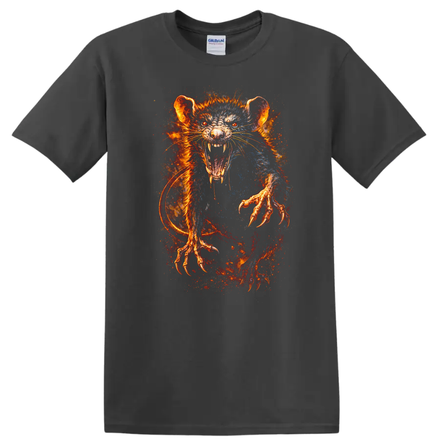 Fiery Rat Monster Art T Shirt Glowing Rage Creature Animal Graphic - Charcoal