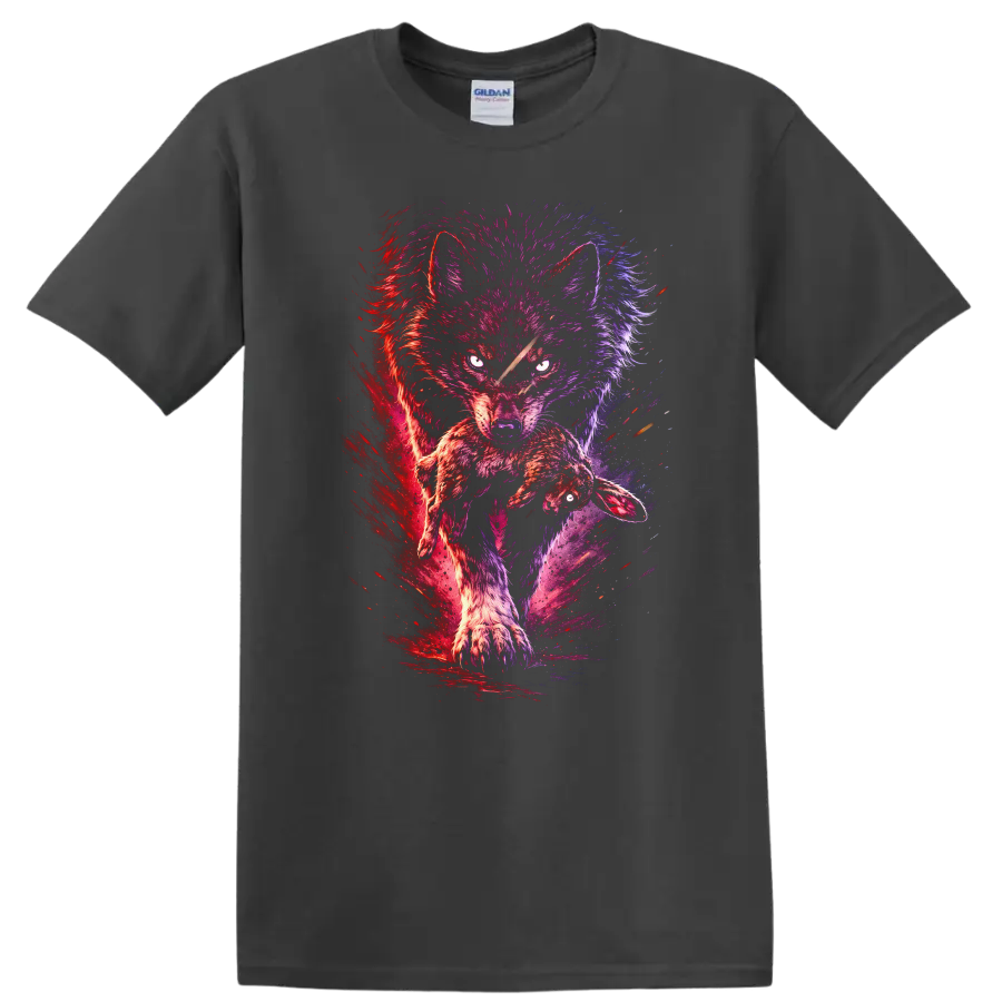 Neon Wolf and Rabbit Splash Art Animals T Shirt - Charcoal