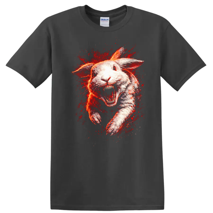 Raging White Rabbit Explosion Graphic T Shirt Fierce Animal Art - Charcoal