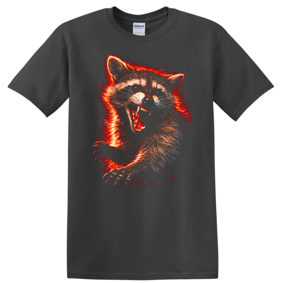 Fiery Fox Raccoon Animal Art T Shirt Wild Red Neon Graphic - Charcoal