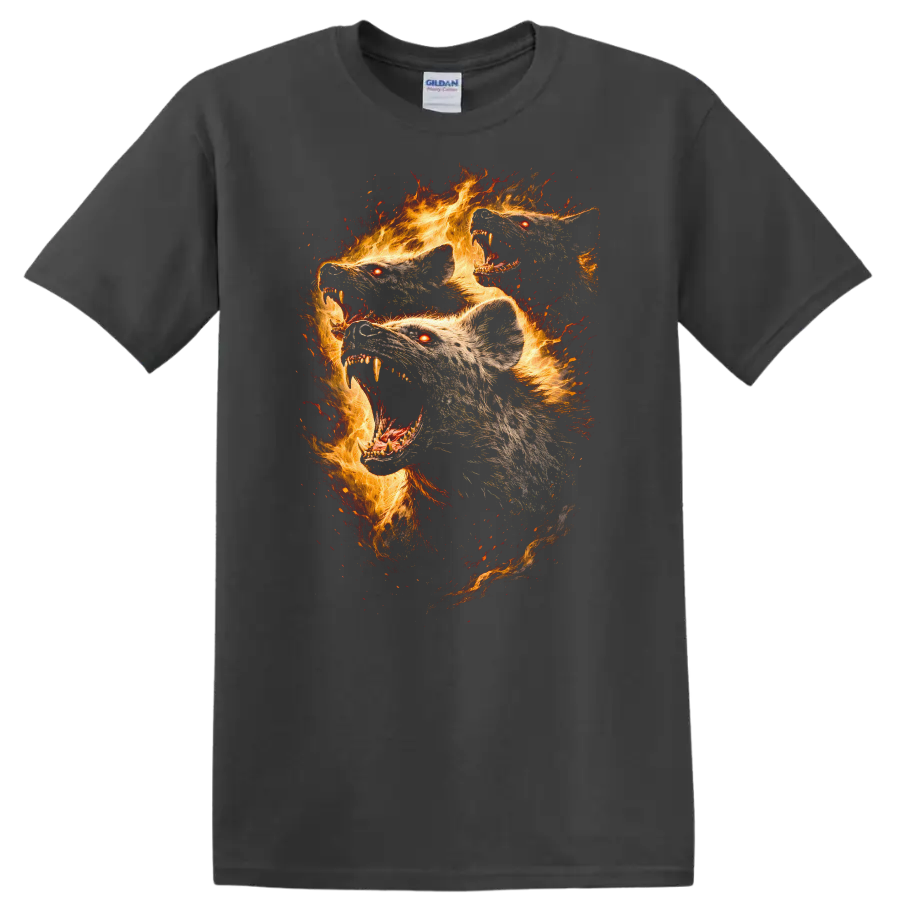Fiery Wolf Heads Flaming Animal Art T Shirt - Charcoal