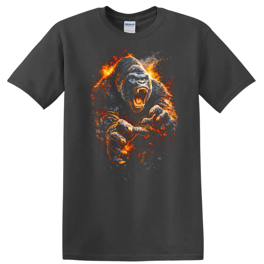 Fierce Roaring Gorilla Fire Burst Animals Graphic T Shirt - Charcoal