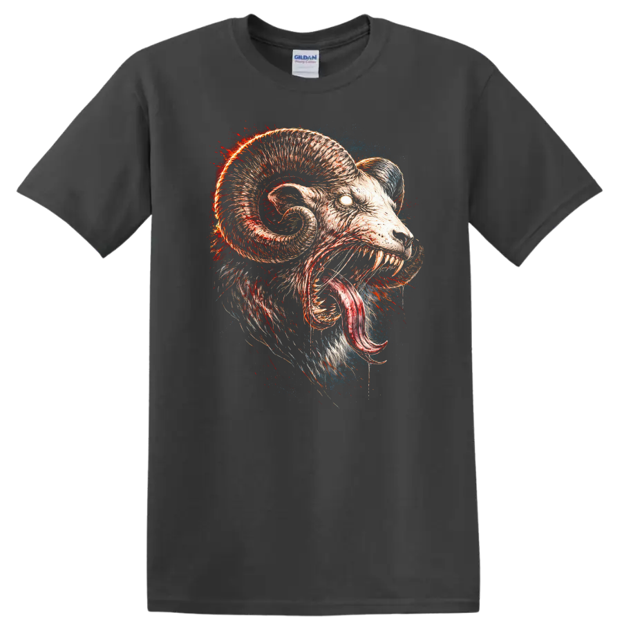 Raging Ram Skull Monster T Shirt Fierce Animal Horror Graphic - Charcoal