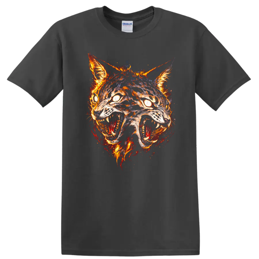 Fiery Twin Wolves Mask Graphic T Shirt for Animal Lovers - Charcoal