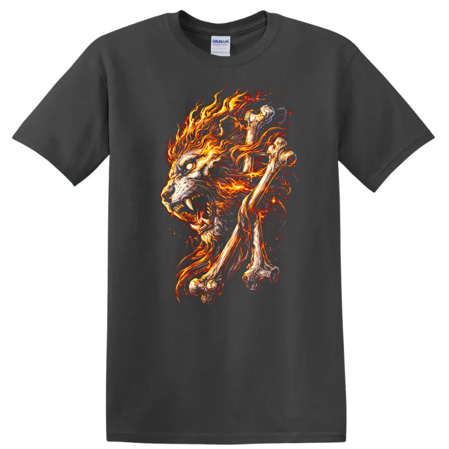 Flaming Wolf Skull Bones Animal Graphic T Shirt for Bold Nature Fans - Charcoal