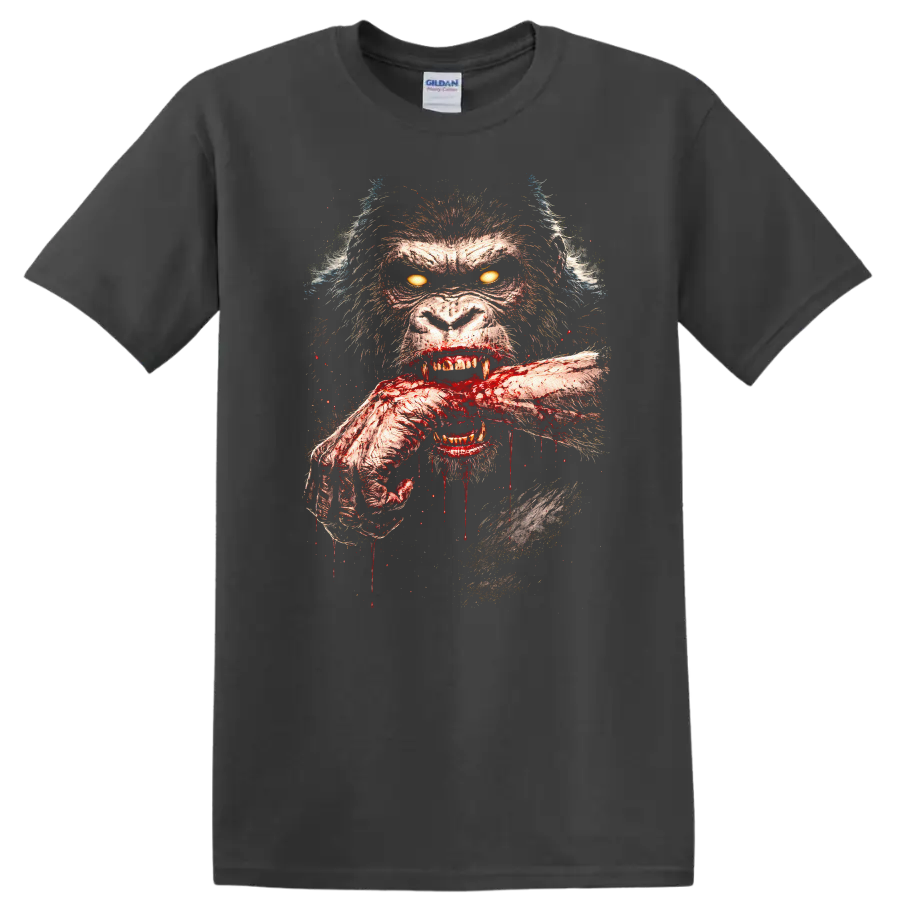 Fierce Bloodied Gorilla Face Horror Animal Graphic T Shirt - Charcoal