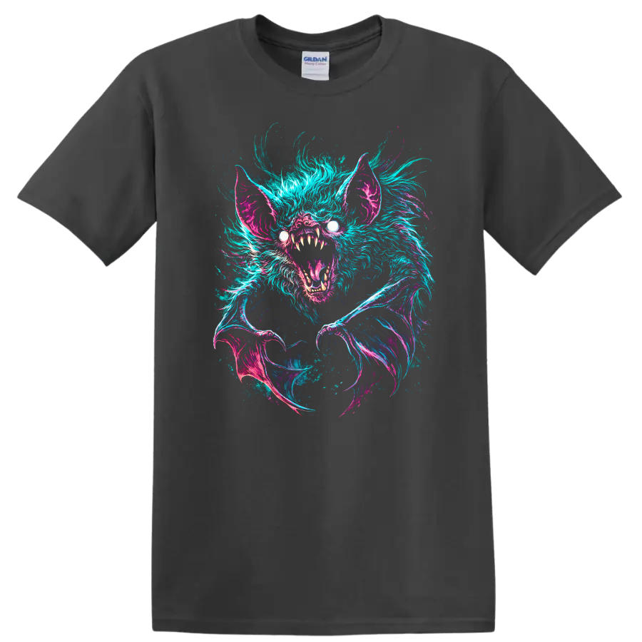 Neon Bat Creature Horror Graphic T Shirt for Dark Fantasy Animal Fans - Charcoal