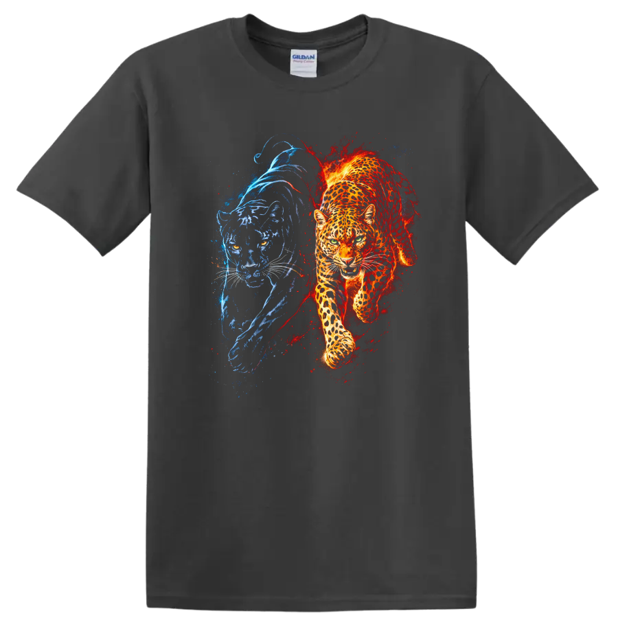 Fire and Ice Panther T Shirt Blue Red Big Cat Animal Graphic - Charcoal
