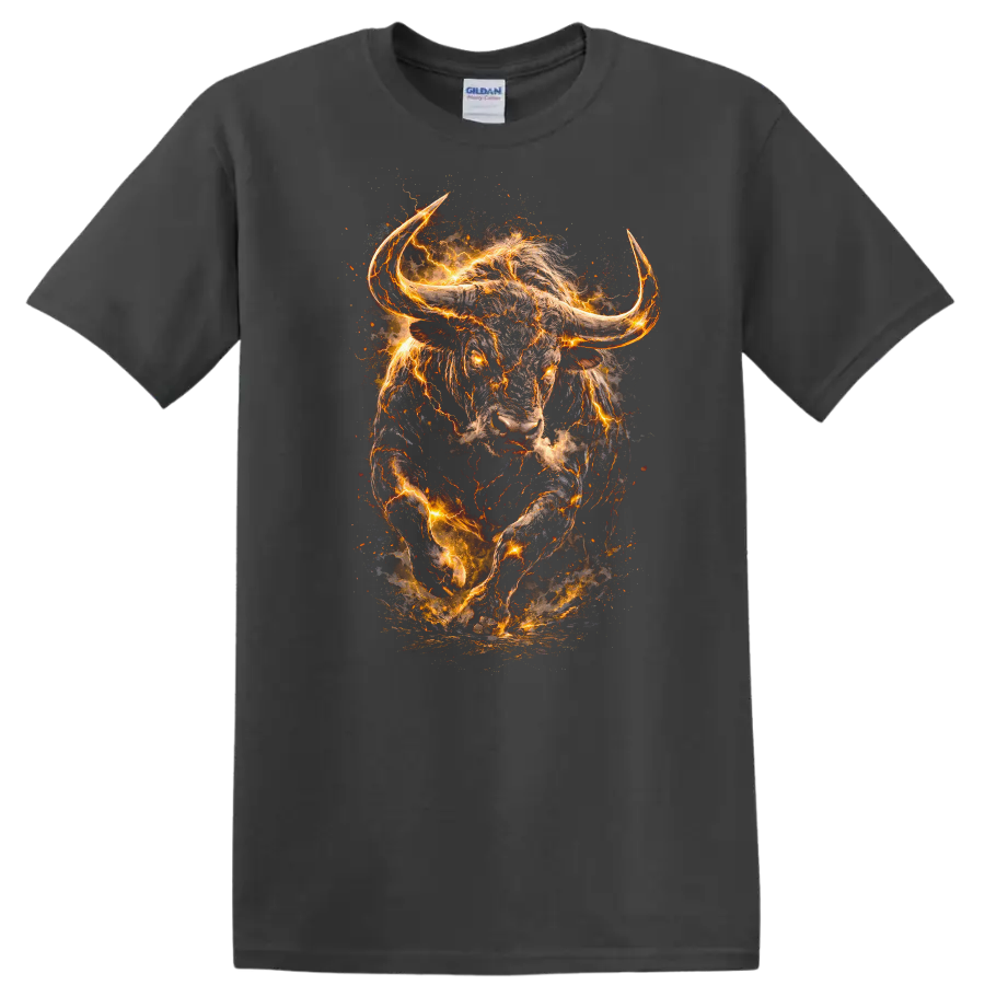Fiery Charging Bull Head Animals T Shirt, Glowing Wild Energy Graphic - Charcoal