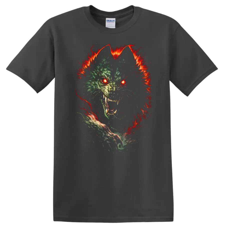 Glitch Wolf Fire Eyes Animal Graphic T Shirt for Bold Streetwear - Charcoal