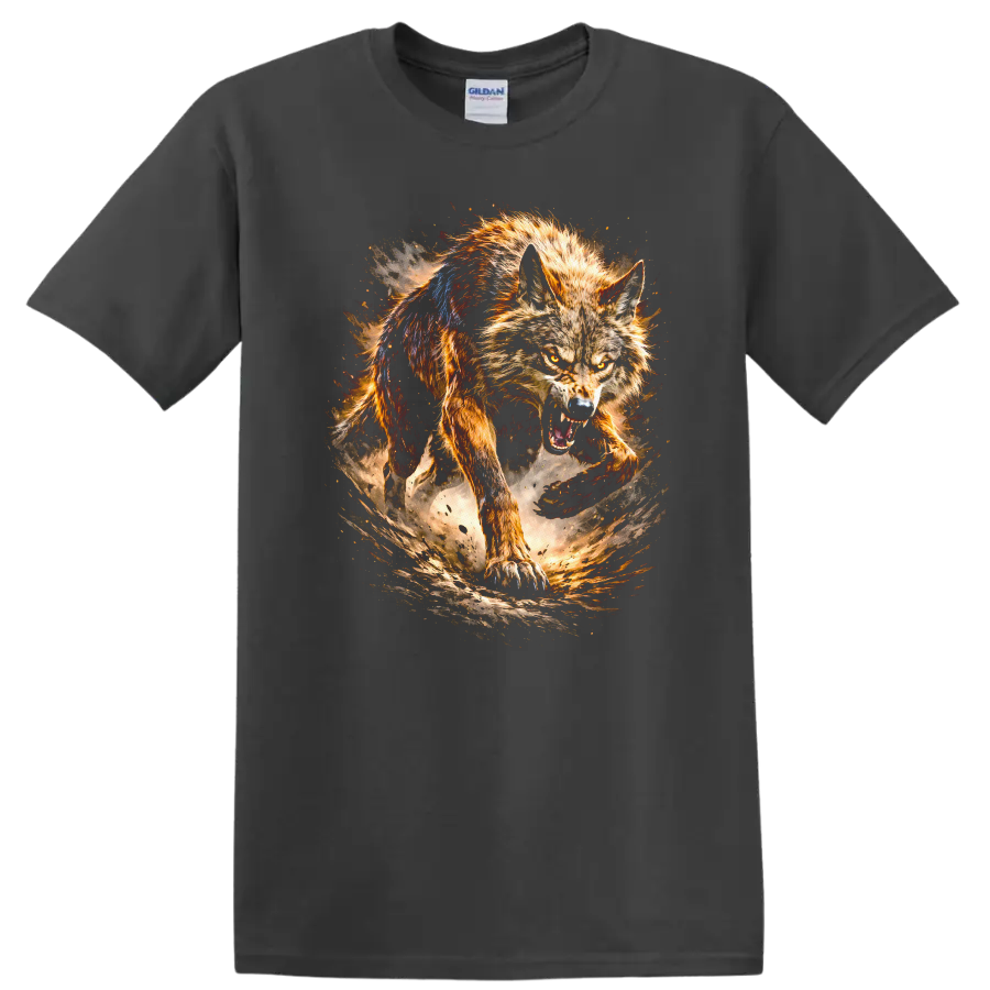 Fierce Wolf Running Through Fire Storm T Shirt Wild Animal Art - Charcoal
