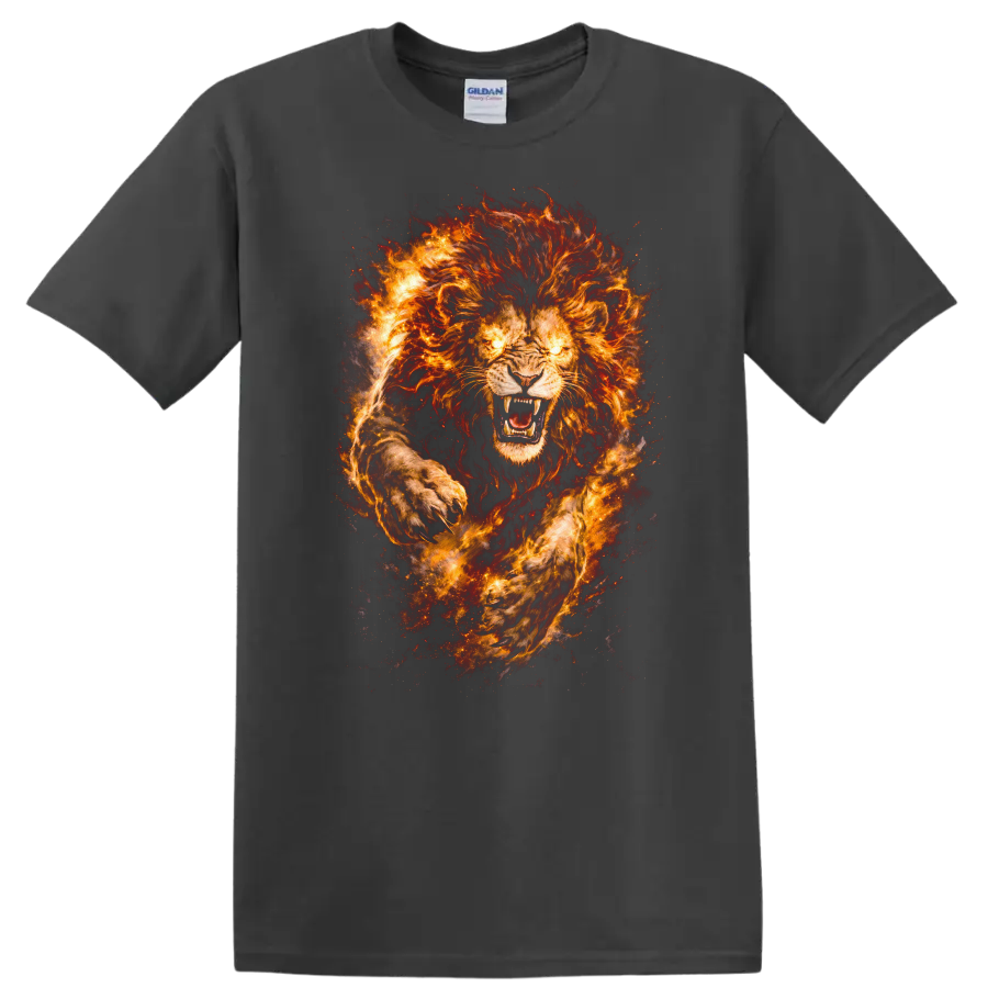 Fiery Lion Head T Shirt Roaring Wild Animal Graphic for Men Women - Charcoal
